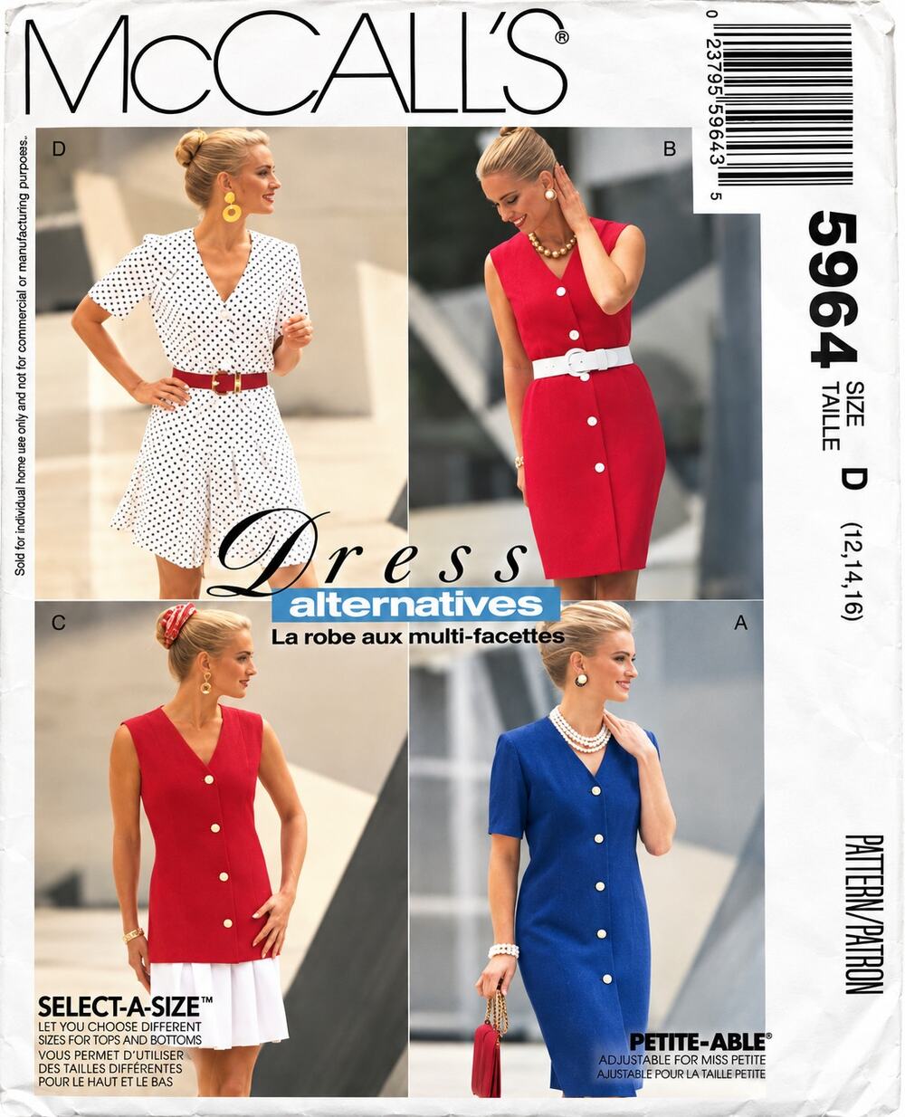 McCall's 5964 Pattern Designer Dress Button Shirtdress Belt Sz D 12-14-16 Uncut